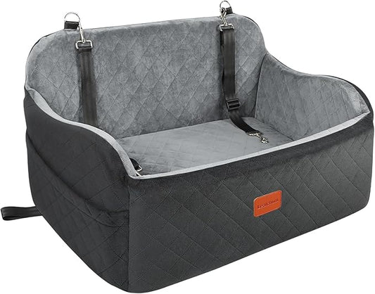 Dog Car Seat Up to 55lb,2 Clip-On Safety Adjustable Leashs Car Dog Bed for 2 Small Dogs,Fully Detachable and Washable Pet Car Seat with 2 Storage Pockets,Easy to Install(Black/Grey, Large)
