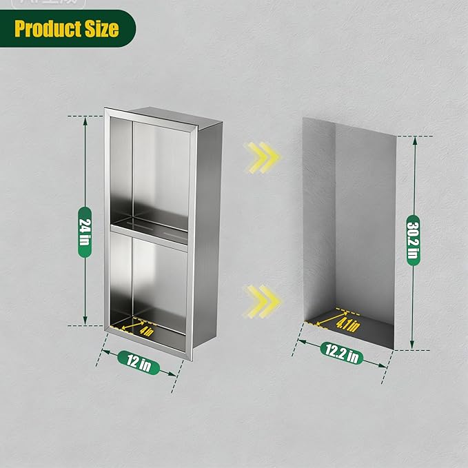 EasyVibe 304 Stainless Steel Shower Niche 24 x 12 Inch, No Tile Needed 2-Tier Recessed Bathroom Shelf Wall Insert, Waterproof Metal Bathroom Shelf Storage Organizer, Brushed Finish, Sliver