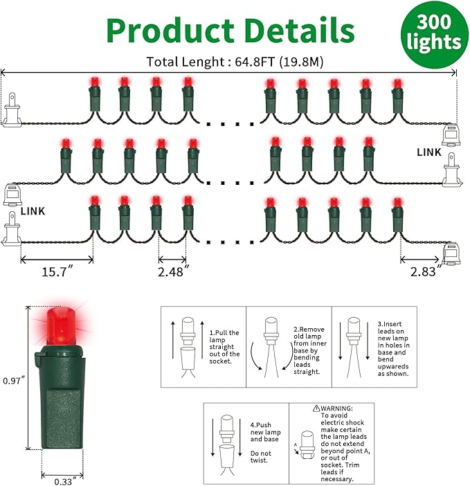 LAMPHOME Valentine's Day Red Lights, 64.8FT 300 LED Christmas Mini Tree String Lights, Valentines Lights Waterproof Christmas Decorations for Outdoor Indoor Xmas Patio Home Party Garden Yard Decor