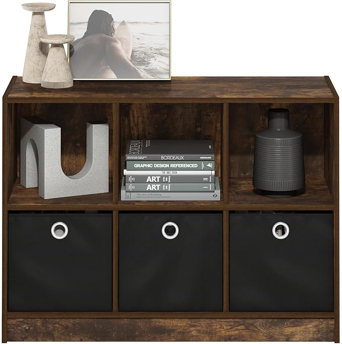 Furinno Basic Book Shelf, 6-Cube Bookshelf with Open Shelf, 3 x 2 Bookcase with Storage Bins, Closed Back, Horizontal, 11.9" x 31.6" x 23.6", for Living Room, Bedroom, Home Office, Amber Pine