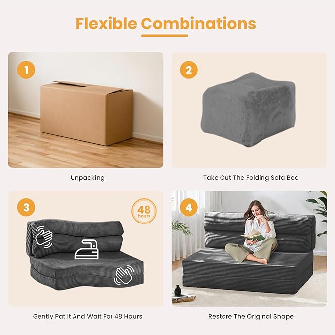 Foldable Mattress Queen, 3 in1 Convertible Couch Bed, Futon Folding Mattress Corduroy, Fold Out Sofa Bed Floor Couch Lounge Sleeper Mattresses for Living Room, High-Density Memory Foam 5'', Gray