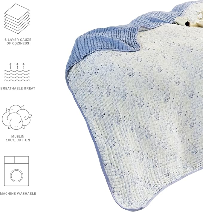 Muslin Blankets 100% Cotton 6-Layer Gauze Floral Pattern Throw Blanket Lightweight Soft and Breathable Queen Bed Blanket for Sofa Couch Bed Coverlet Both Sides (Leaves Purple, Queen 90" X 90")