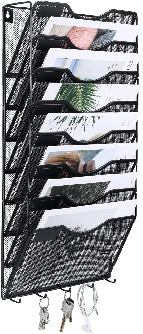 EasyPAG 8 Pocket Mesh Wall File Organizer with Key Hooks, Hanging Paper Folder Holder with Classify Label, Vertical Wall Mount Mail Organizer for Office Home Classroom, Black