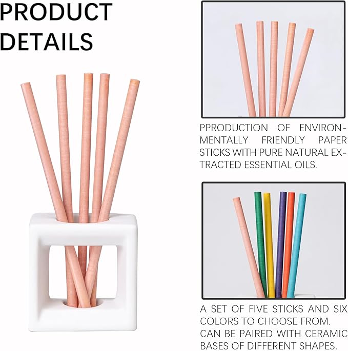 Non-Toxic Air Freshener Stix - Natural Essential Oils Infused, 30 Days Long-Lasting Freshness, 5 Pcs 6" Per Pack for Car Home Office，Ceramic Base not Included (White Peach and Willow)