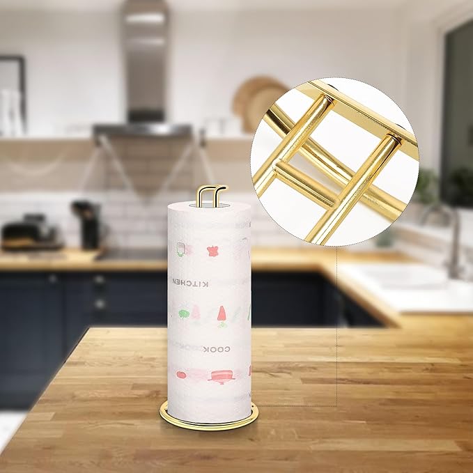 NearMoon Paper Towel Holder, Sturdy Paper Towel Stand Dispenser-All Metal, Standard or Jumbo-Sized for Kitchen Countertop, Farmhouse, Living Room (1 Pack, Gold)