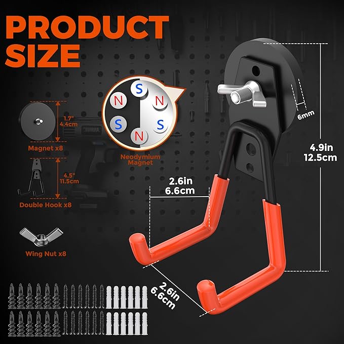 8Pcs Large Strong Magnetic Hooks Heavy Duty Garage Big Magnet Hooks Extra Strength Magnetic Utility Storage Hook Hanger with Anti Slip Coating for Garden Indoor Outdoor Hanging Tools Orange