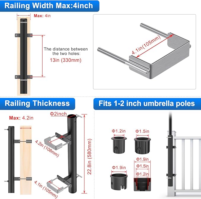 BeneLabel Patio Umbrella Holder for Deck Railing No Drill Deck Umbrella Clamp Mount Fits 1"-2" Umbrella Poles Space Saving Design Umbrella Holder for Deck Balcony Garden Poolside Railing