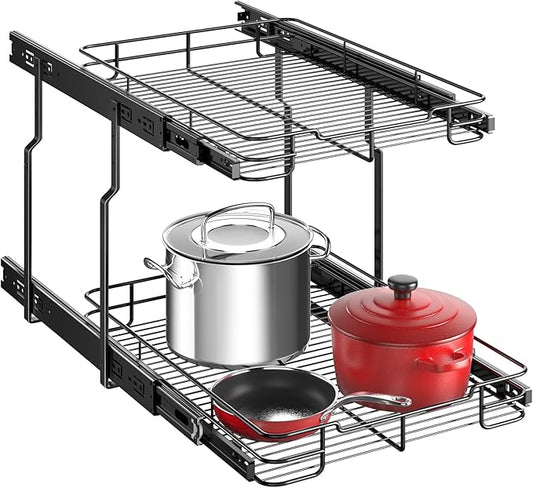 Delamu 14" W X 21" D Pull Out Cabinet Organizer, 2 Tier Heavy Duty Cabinet Shelf Organizers, Cabinet Slide Out Shelves for Kitchen, Pantry and Bathroom, Black Silver