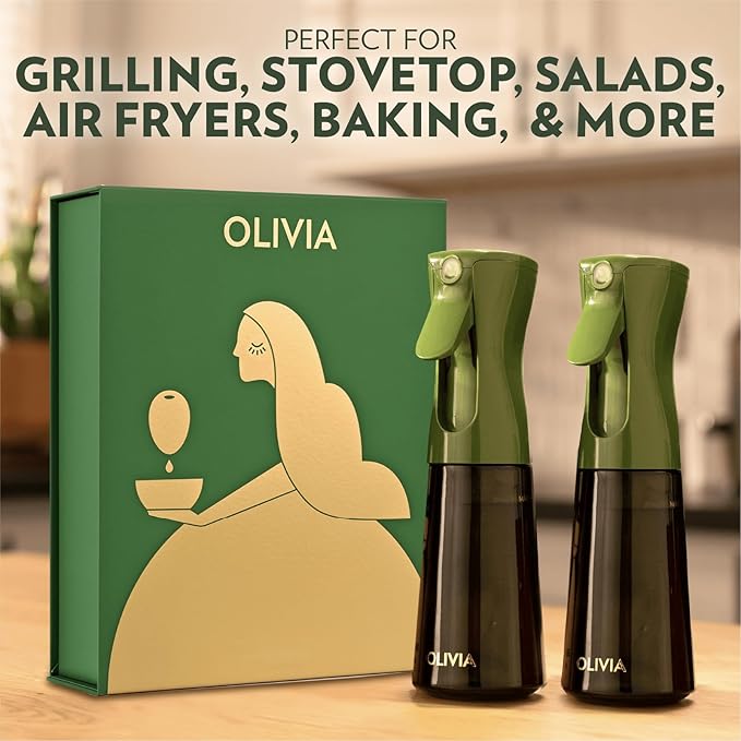 FLAIROSOL OLIVIA Oil Sprayer for Cooking, 2 Pack Green Glass Olive Oil Sprayer, 200ML Oil Dispenser for Kitchen, Continuous Oil Spray Bottle with Portion Control for Air Fryer, Salad, BBQ