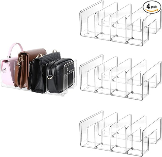 4PCS Plastic Purse Organizer for Closet Clear Acrylic Handbag Storage Shelf Dividers for Closet Bedroom Bathroom Kitchen Office Study Handbags Clutches Clothes Sweater Towel Book Organization