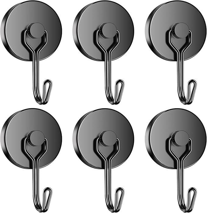 Grtard 110LBS Strong Magnetic Hooks, 6 Pack Swivel Swing Magnetic Hooks Heavy Duty, Black Neodymium Magnet Hooks for Cruise Cabin, Magnets with Hooks for Refrigerator, Grill, Classroom, Garage