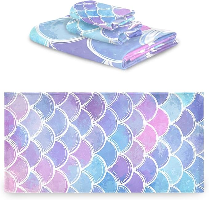 Magic Pink Blue Mermaid Scales Towels Set of 3 Rainbow Marble Galaxy Bathroom Towel Soft Absorbent Bath Hand Towels Washcloth Guest Towel Sets Bathroom Decorations
