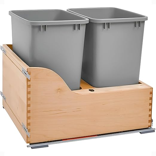 Rev-A-Shelf Wood Double Pullout Waste Container with Soft-Close, 35 Quart - Sliding Garbage Bin System with Dual Trash Can for 21" Home Kitchen Base Cabinet, 4WCSC-2135DM-2