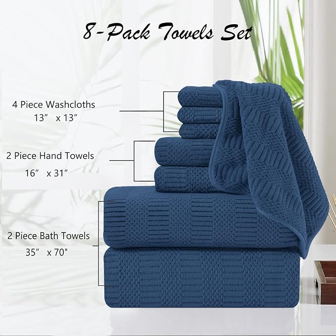 Oliven 8 Pcs Navy Oversized Bath Sheet Set-2 Large Bath Towel Sheets,2 Hand Towels,4 Washcloths 600GSM Soft Highly Absorbent Quick Dry Beach Chair Towels Woven Towel for Bathroom Hotel and Spa