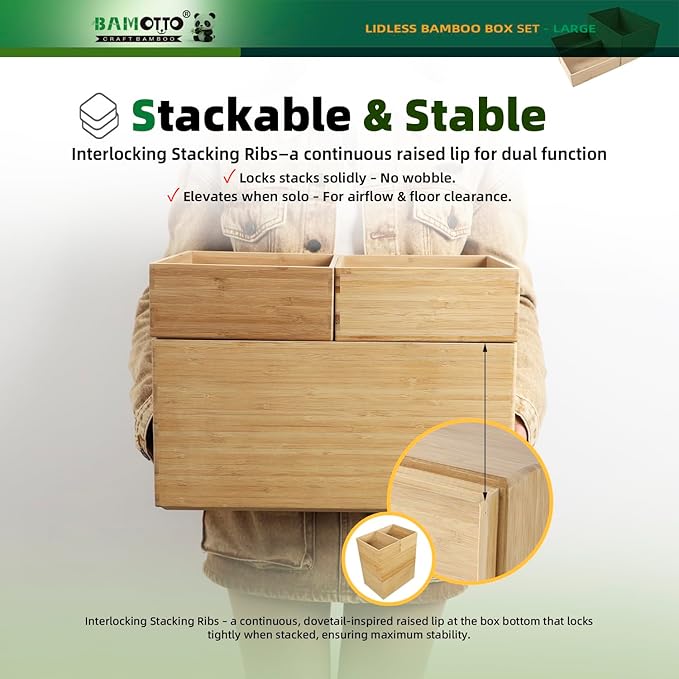 3-Piece Large Bamboo Storage Box Set - 7.1in High Stackable Deep-Drawer Organizer, Lidless Bamboo Bin for Kitchen Cutlery Utensils Knives (14.6"x10.2"x7.1"*1 + 10.2"x7.3"x3"*2)