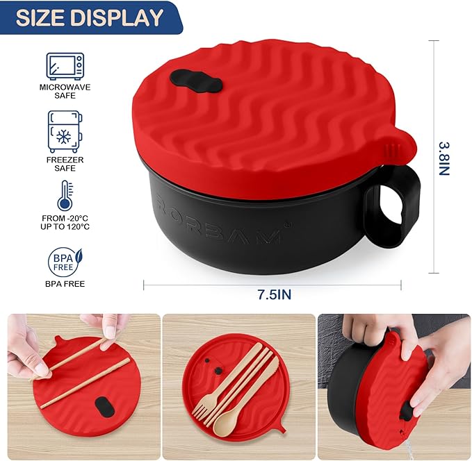 Ramen Cooker,Microwave Ramen Bowl,Noodle Bowl 48 oz,College Dorm Room Essentials for Girls for Boys, Apartment Essentials, Ideal for Home, Office, Dorm, or Gift,BPA-Free. (red)