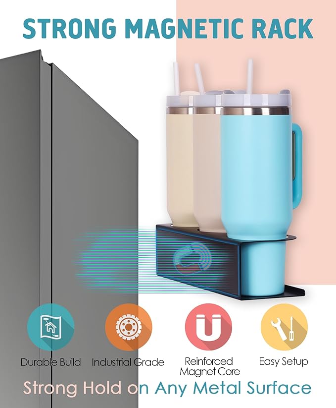 Magnetic Cup Holder for Stanley, Water Bottle Organizer for Kitchen Fridge Cabinet, Compatible with Stanley 30oz & 40oz Tumblers, Magnetic Cup Rack (Black, 6 Tumblers& 2 Lid Holder)
