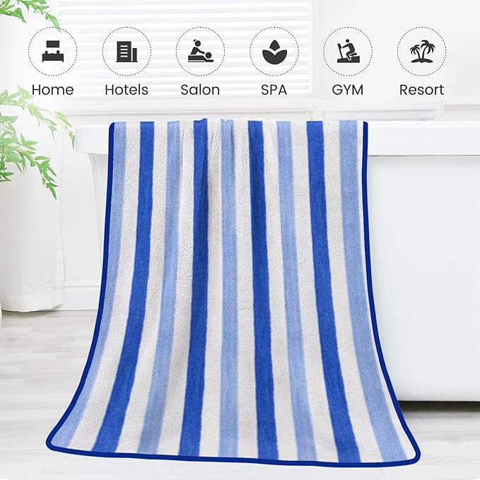 Bath Towels, Pack of 4, 30"x60", Large Microfiber Towel Set, Ultra Soft, Super Absorbent, Fast Drying, Perfect for Suana, Shower, Pool, Sport, Travel, Fitness, SPA,Yoga, Cabana Stripe Blue