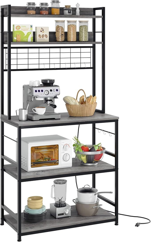 Shintenchi Bakers Rack with Power Outlet, Large Storage Space, 10 Hooks Coffee Bar with Metal Wire Panel, High Microwave Stand, Classic Kitchen Storage Shelf Design, Grey