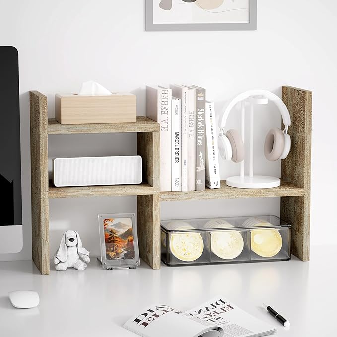 Jerry & Maggie Desktop Organizer Office Storage Rack Adjustable Wood Display Shelf Birthday Gifts Toy Home Decor Free Style Rotation Display True Natural Stand Shelf (Gray Oak/2 Pack)