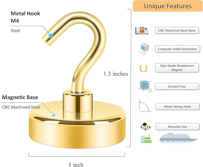 Neosmuk Magnetic Hooks Heavy Duty,Strong Magnet with Hook for Fridge, Super Neodymium Extra Strength Industrial Hooks for Hanging, Magnetic Hanger for Toolbox, Cruise, Grill(Golden,4 Pack)