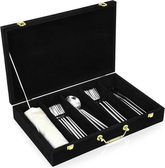 Pickmesh Silverware Case with Lid and Handle, Silverware Storage Box Sterling Silver Flatware Chest Without Silver Tarnish Proof Utensils Organizer for Kitchen Decor Wedding Gifts(Black,1 Layer)