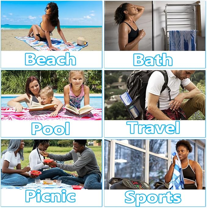 Microfiber Lightweight Thin Beach Towel Sand Free Quick Dry Absorbent Compact Towels for Swimming Pool Camping Beach Accessories Large Easy Pack Travel Things for Vacation Essentials Gift