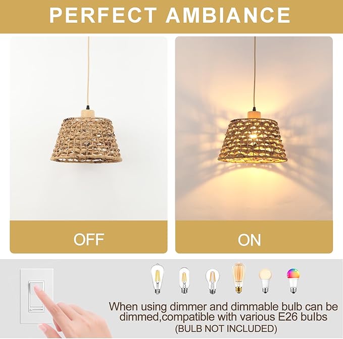 Rattan Boho Pendant Light, 12" 1-Light Hand-Woven Wicker Pendant Light with Water Hyacinth Shade, Natural Coastal Cone Hanging Light for Kitchen Island Sink Dining Room