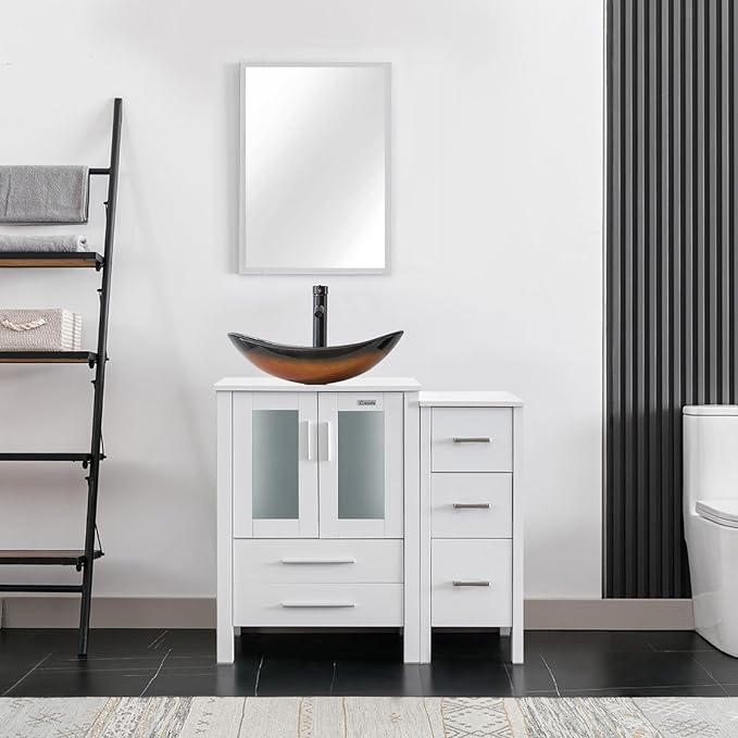 eclife 36" Modern Bathroom Vanity Sink Combo Freestanding Cabinet with Small Side Cabinet, Brown Boat Glass Vessel Sink, Water Save Faucet, Drain (White+A29BR)