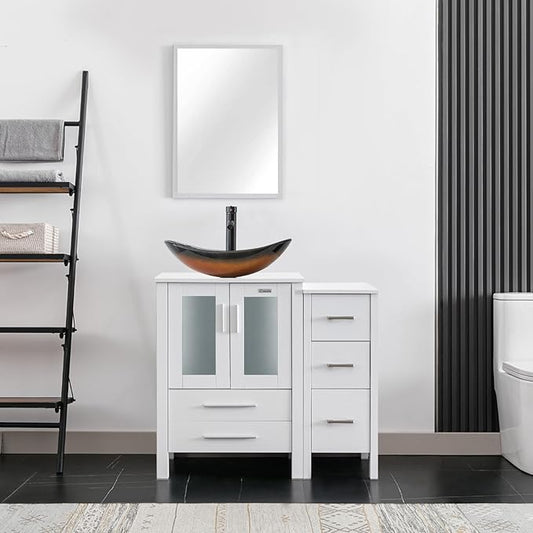 eclife 36" Modern Bathroom Vanity Sink Combo Freestanding Cabinet with Small Side Cabinet, Brown Boat Glass Vessel Sink, Water Save Faucet, Drain (White+A29BR)