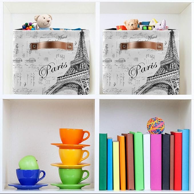 Storage Basket Paris Eiffel TowerStorage Bin Cube with Handles Foldable Storage Baskets for Shelves Living Room Home Decor 2PCS