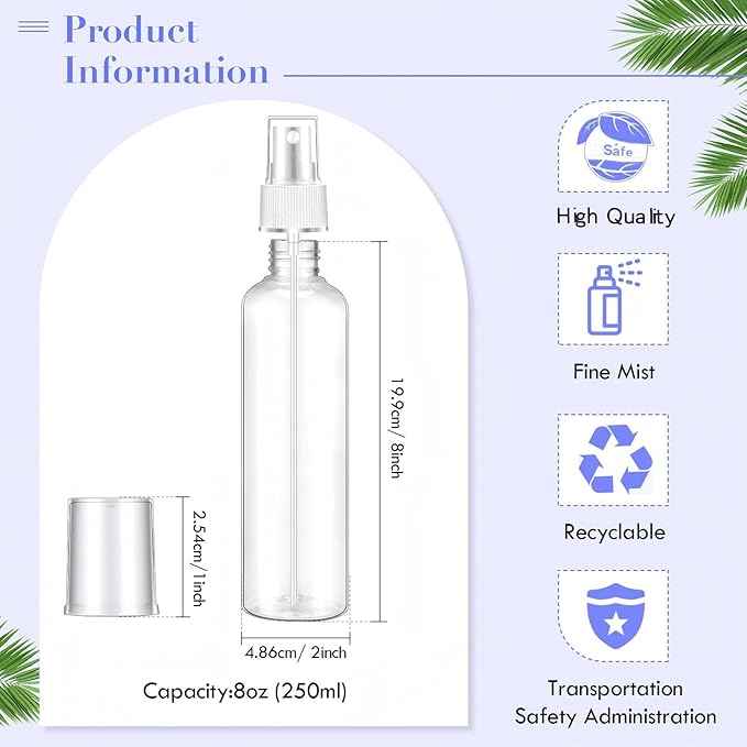 Eccliy 64 Pcs 8 oz Spray Bottles Fine Mist Cleaning Bottles Clear Empty Plastic Travel Sprayer Refillable Sprayer with Cap for Cleaning Solutions Oils Travel Perfumes(White)