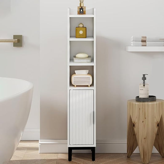 Small Bathroom Storage Cabinet, Corner Floor Cabinet with Door and Shelves, Narrow Toilet Paper Cabinet, Bathroom Organizer with Adjustable Shelf for Small Spaces, White, 5-Tier