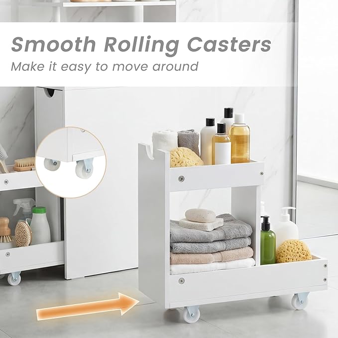 Giantex Slim Storage Cabinet, Narrow Freestanding Bathroom Organizer with Open Shelves, Pull-Out Drawer and Slide-Out Cart, Space-Saving Wooden Floor Cabinet for Entryway, Living Room and Kitchen