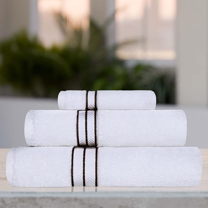 Superior Hotel Turkish Cotton 3 Piece Towel Set, Ultra Plush Spa Quality Heavyweight Essentials for Bathroom, Thick Absorbent and Soft, Dobby Border, Includes 1 Bath 1 Hand 1 Washcloth, Chocolate