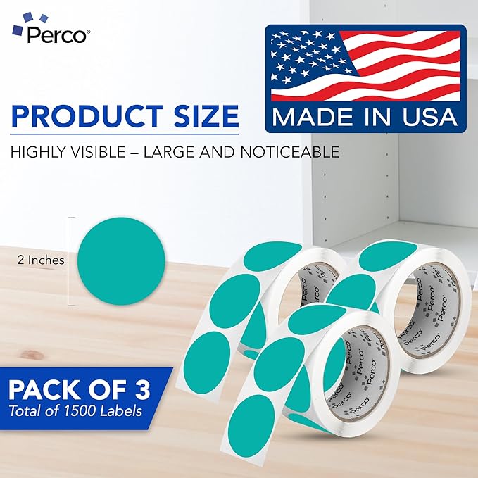 Perco Teal 2-Inch Round Circle Dot Sticker Labels - Multi-Roll Pack (3 Rolls, 500 Labels Each) - Permanent Adhesive, Vibrant Colors, Strong Hold - Perforated for Easy Use - Made in USA