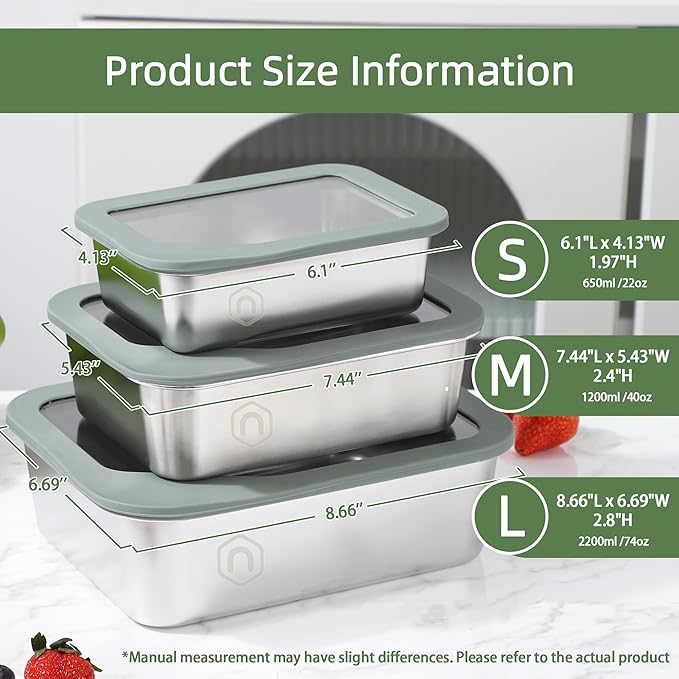 3PCS Food Storage Containers with Lids Airtight, 22/40/74oz Stainless Steel Containers Leak Proof Meal Prep Lunch Containers for Kitchen Storage, Microwave, Freezer, Dishwash Safe