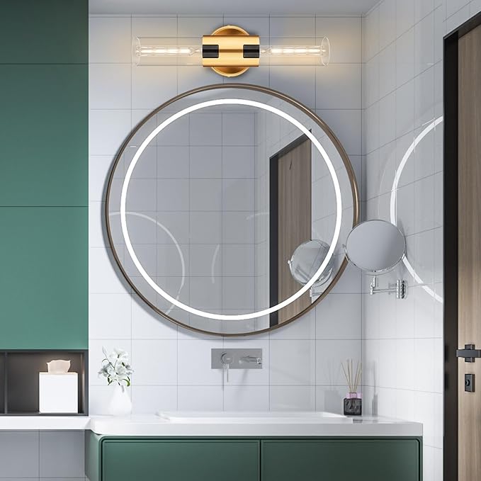2-Light Bathroom Vanity Light Fixtures, 17.5" Indoor Wall Sconce with Clear Glass, Modern Cylinder Wall Lights for Bathroom, Bedroom, Hallway, Stairways, Living Room (Brushed Gold)
