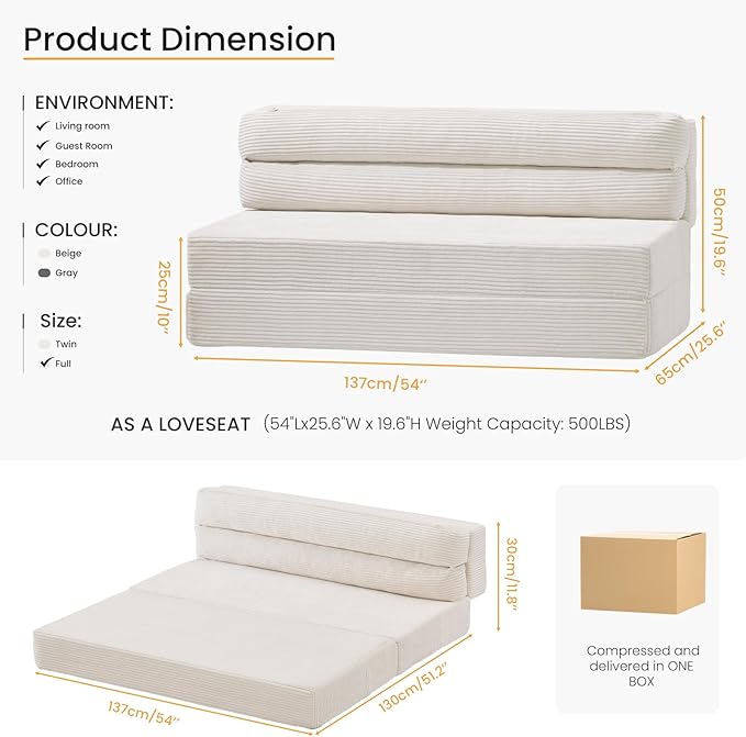 Folding Mattress Full Size, Convertible Sofa Bed with Metal Frame, Foldable Sofa Bed Floor Couch Lounge Sleeper Loveseat Folding Mattress for Living Room