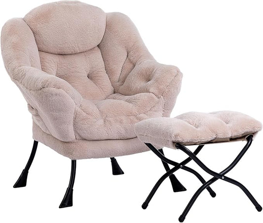 HollyHOME Lazy Chair with Foldable Ottoman, Accent Comfy Lounge Armchair and Folding Footrest Stool, Leisure Sofa Reading Chair and Footstool for Living Room, Bedroom, Dorm,Faux Fur Light Camele