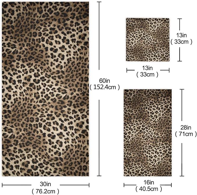 3 Piece Brown Leopard Bath Towel Set,Microfiber Decorative Black Cheetah Wild Savannah Animal Skin Print Bathroom Towels,1 Bath Towel 1 Hand Towel for Bathroom Kitchen,1 Washcloth for Face