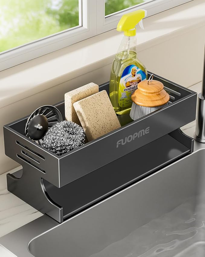 Sponge Holder for Kitchen Sink - Rustproof Carbon Steel Sink Caddy Organizer with Auto-Drain, Dish Sponge & Soap Dispenser Rack for Kitchen Countertop Storage, Grey