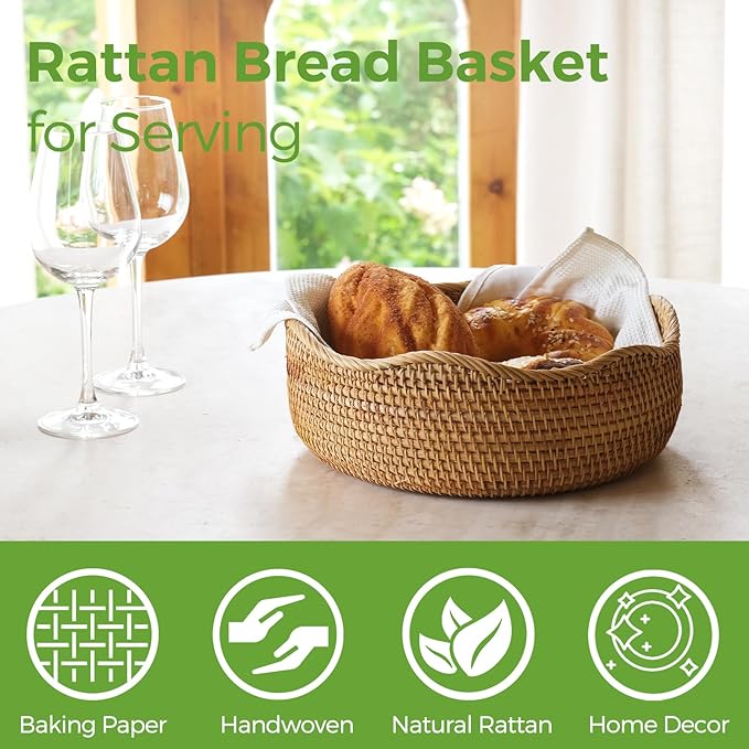 Bread Basket for Serving, Rattan Basket Bowl for Kitchen Counter, Natural Rattan Tray Wicker Baskets for Organizing, Decorative Bowl Bread Basket for Kitchen Counter Wicker Decor L ﻿