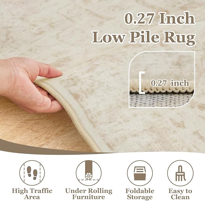 Farmhouse Beige Washable Area Rugs 5x7 for Living Room, Distressed Medallion Printed Rugs for Bedroom, Non Slip Washable Low Pile Thin Carpet Rugs for Dining Room/Kitchen/Foyer/Home Office