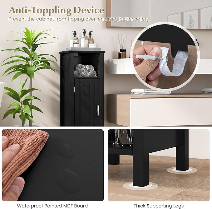HAPPYGRILL Bathroom Floor Cabinet, Narrow Organizer Console Table Nightstand w/Adjustable Inner Shelves, Freestanding Storage Cabinet for Living Room Kitchen Entryway (Black)