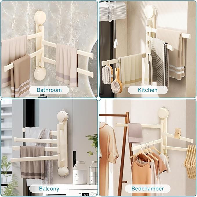 Suction Cup Towel Rack,Space Saving Wall Mounted Swivel Towel Holder, SUS304 Stainless Steel 4-Arm No Drilling Towel Bar for Bathroom, Kitchen-White