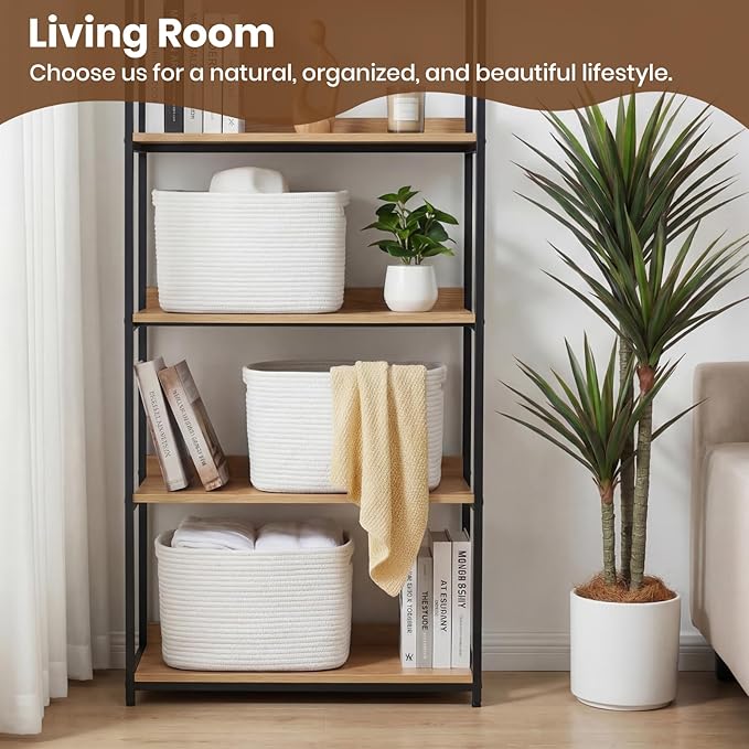 Storage Baskets for Organizing, 14 x 10 x 9” Closet Shelf Woven Baskets, Square Bins with Handles, Cotton Rope Basket for Toys, Clothes, Office, Room, White 4 Pack