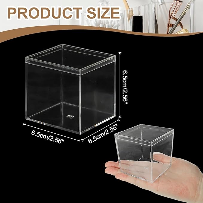 Acrylic Box with Lid, 2.56 x 2.56 x 2.56 in Acrylic Display Case Plastic Square Cube Container Storage Holder Stackable Bins for Cosmetic Collectible Candy Jewelry(2 Pack, Clear)