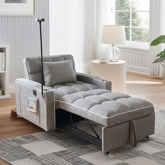 Convertible Sleeper Chair, Pull Out Chair Sleeper with Bracket and Cup Holder, Chairs Bed Sleepers for Adults, 3 in 1 Sofa Bed Chairs for Small Spaces, Living Room, Light Gray