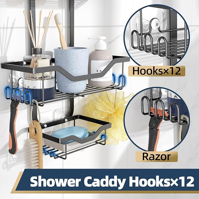 Imncya Shower Caddy Hanging for Shower Head, Rustproof Showers Organizer Hanging with Soap Holder and 12 Hooks, No Drilling Anti-Swing, Over The Head Caddy for Bathroom Organizers and Storage(Black)